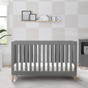 Convertible Baby Bed for Infants, Grey Frame with Natural Wood Legs